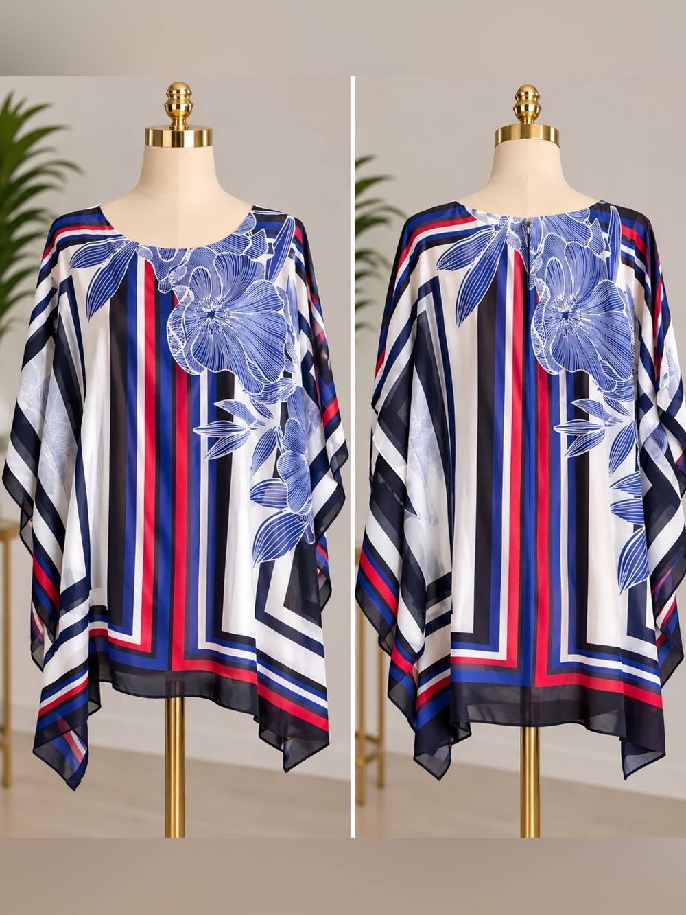 NYGARD Women’s L Long Flowing Tunic Blue Red Floral Geometric